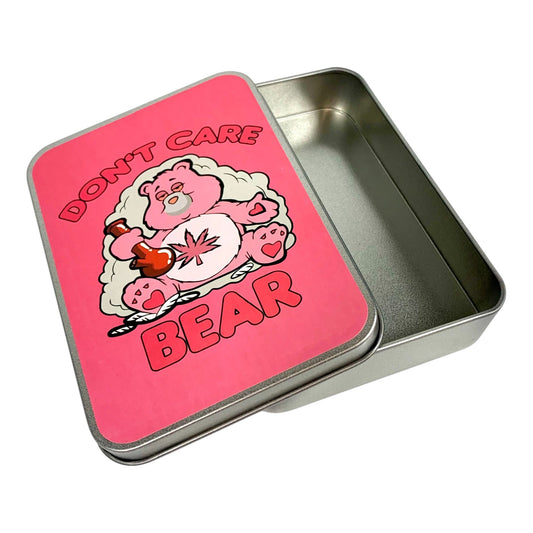 Stash Tin Pink Don't Care Bear 11.5 x 8.5 x 2.5cm - The Bong Baron