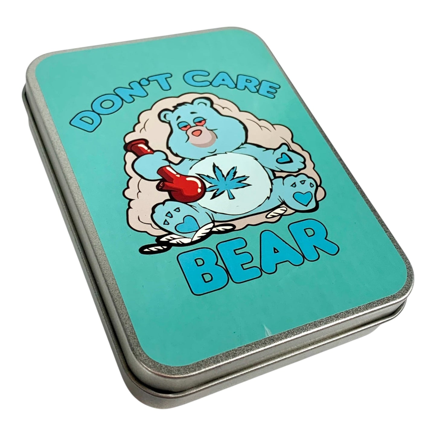 Stash Tin Teal Don't Care Bear 11.5 x 8.5 x 2.5cm - The Bong Baron