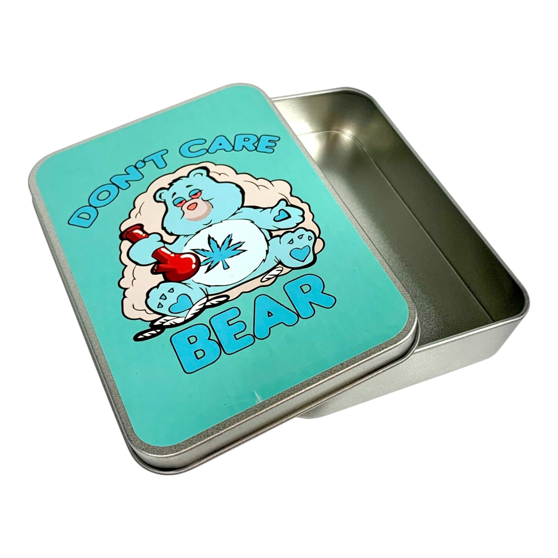 Stash Tin Teal Don't Care Bear 11.5 x 8.5 x 2.5cm - The Bong Baron