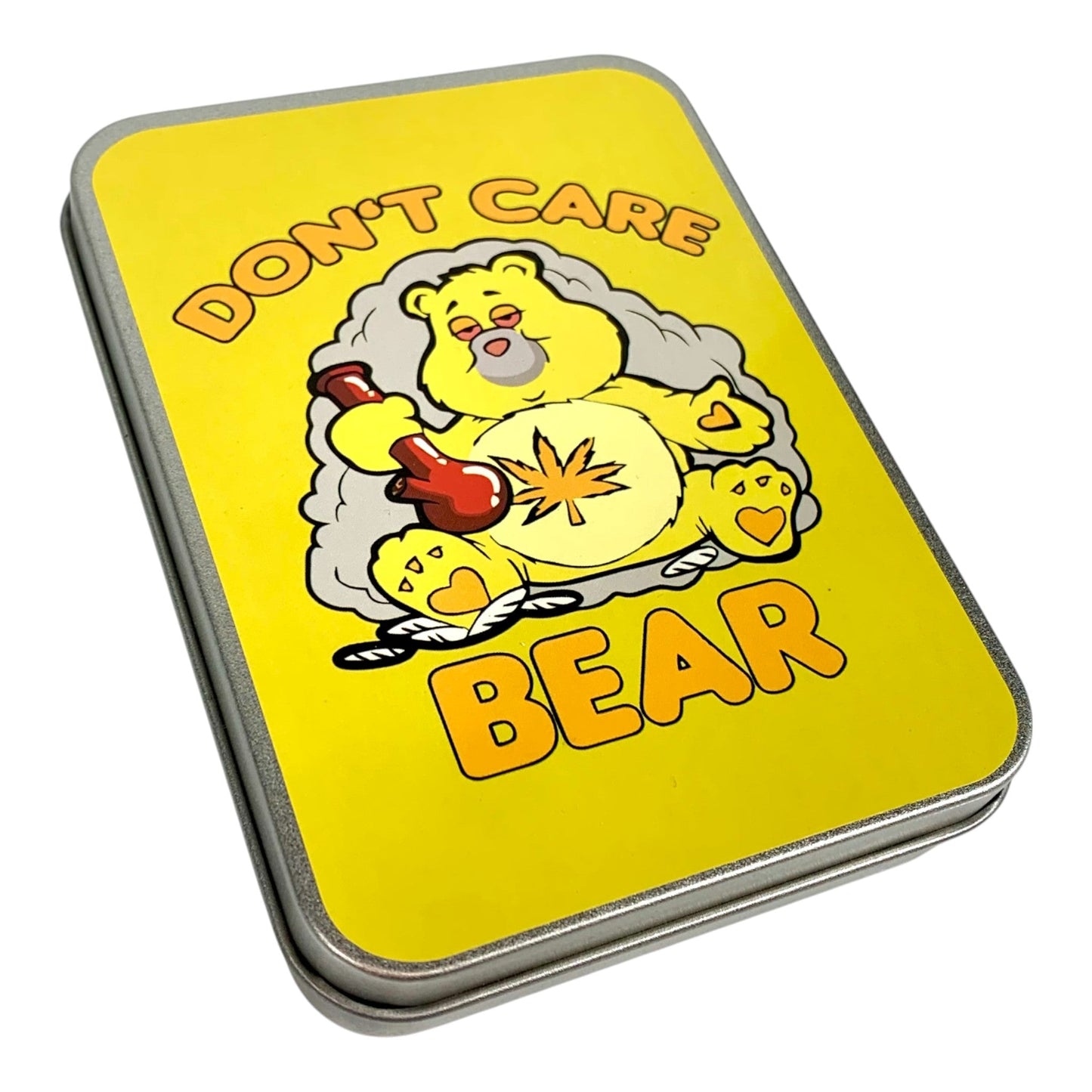 Stash Tin Yellow Don't Care Bear 11.5 x 8.5 x 2.5cm - The Bong Baron